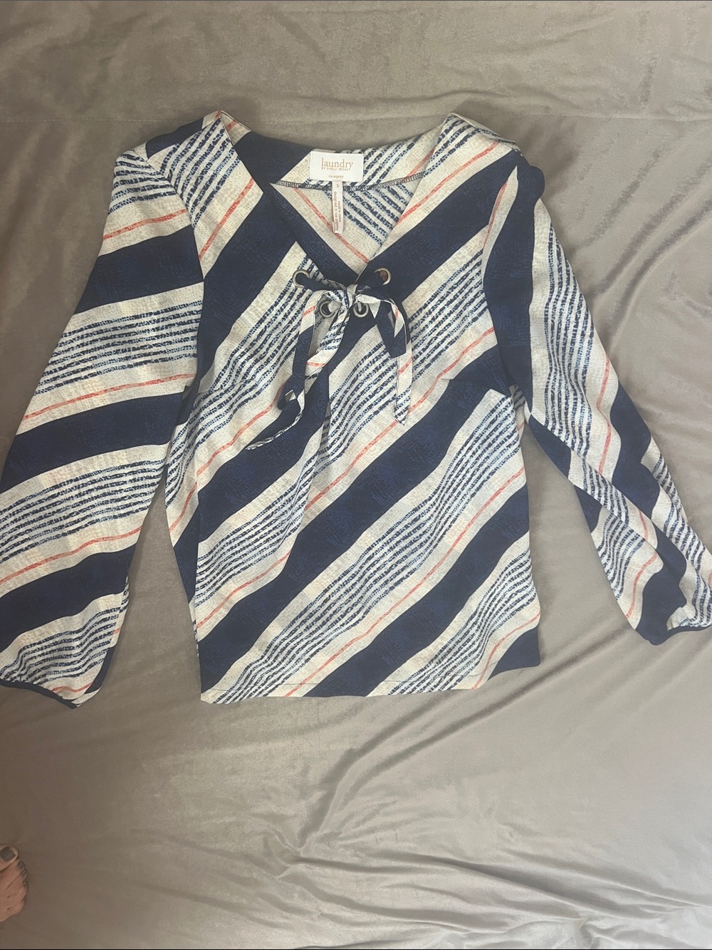 Laundry By Shelli Segal Navy, White & Red Striped Lace-Up Blouse
